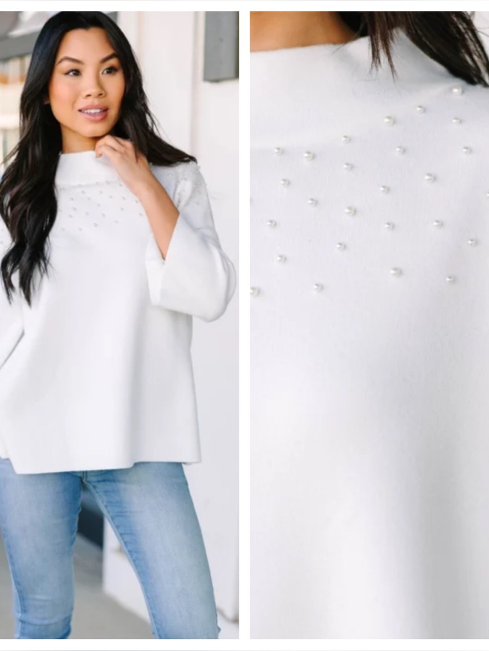NWT! Fate Cream White Pearl Embellished Mock Neck Sweater Small